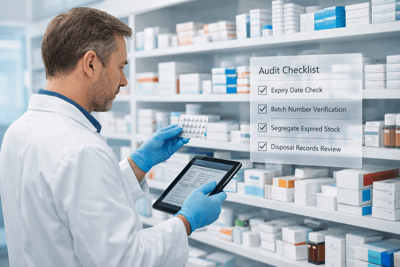 Pharmacist auditing expired medicines using a tablet in a pharmacy