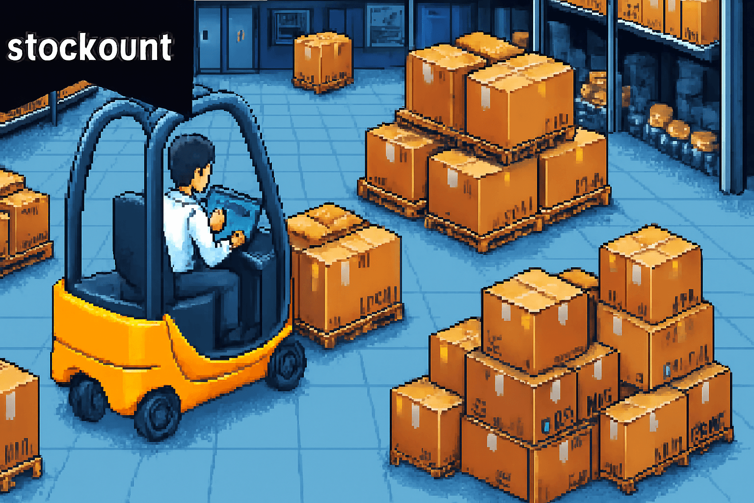 warehouse inventory management system featuring a forklift operator performing stock control and audit tasks.