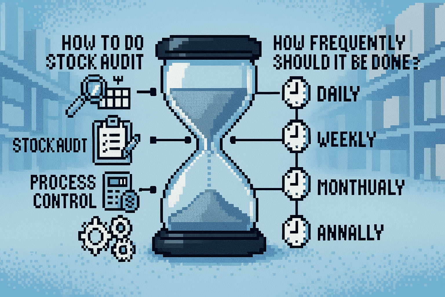 infographic showing stock audit software steps and frequency options in a warehouse setting, with hourglass and clock icons.