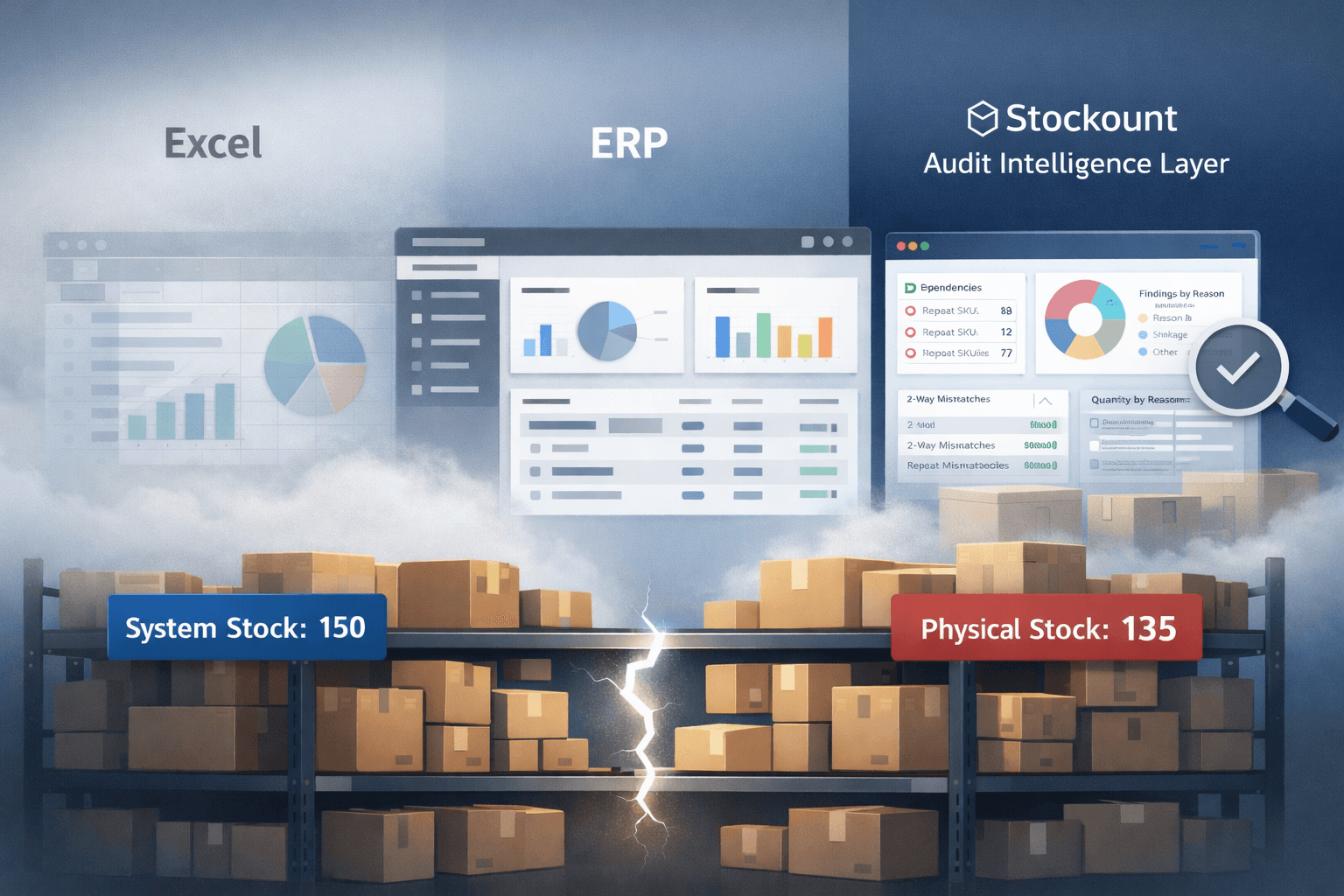 Excel vs ERP vs Stockount audit dashboard showing system stock and physical stock variance