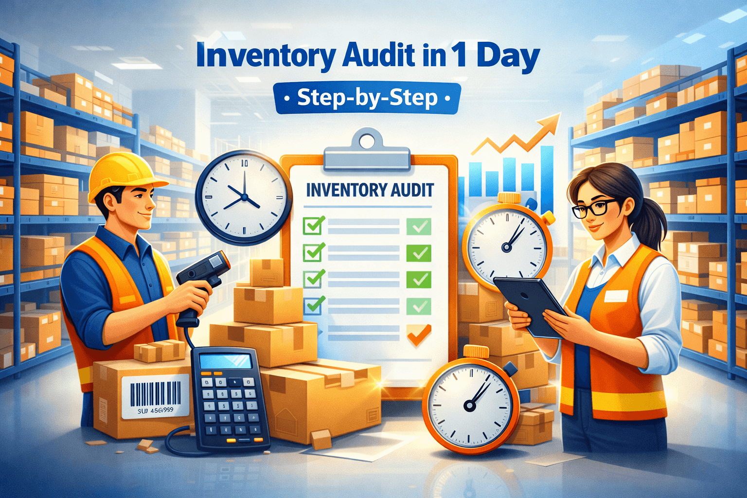 Inventory audit process in a warehouse with staff scanning barcodes and checking stock using a tablet, showing a step-by-step 1-day stock audit workflow
