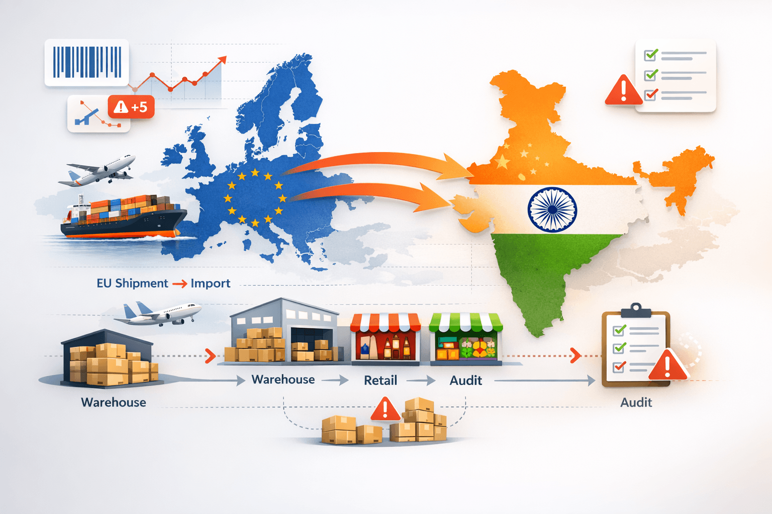 India–EU trade impact on inventory systems showing increased SKUs, warehouse discrepancies, retail audit challenges, and Stockounts.