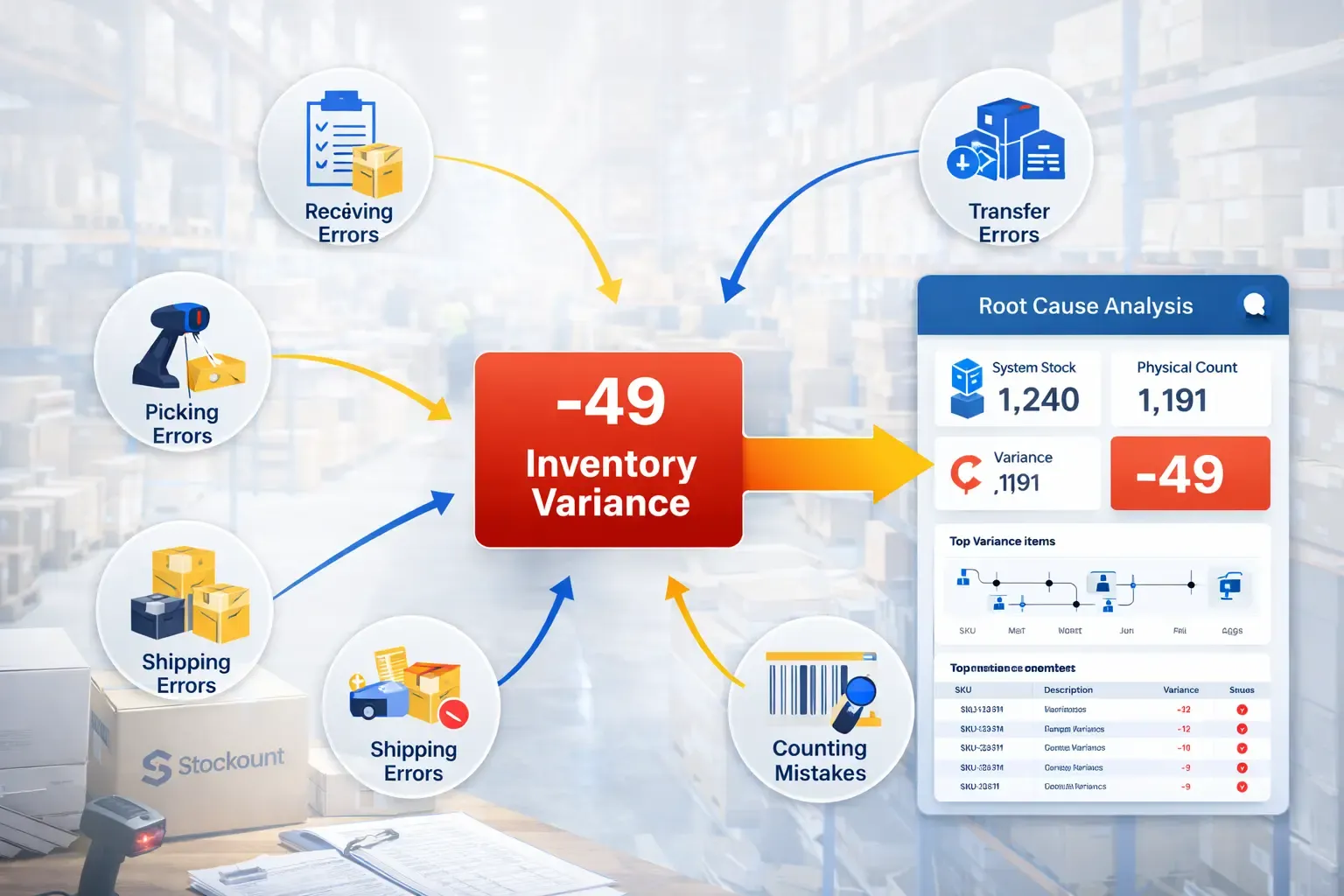 Infographic showing inventory variance root cause analysis with receiving errors, picking errors, shipping errors, transfer errors, and counting mistakes contributing to a -49 inventory variance.