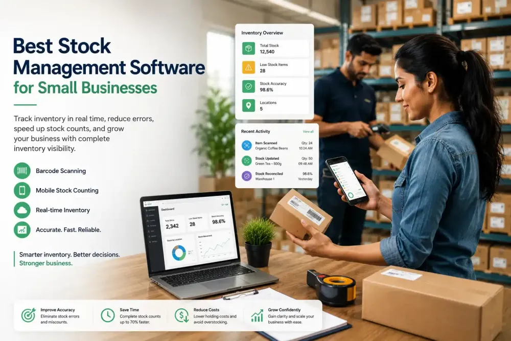 Small business owner using stock management software on a tablet to scan barcodes in a warehouse.
