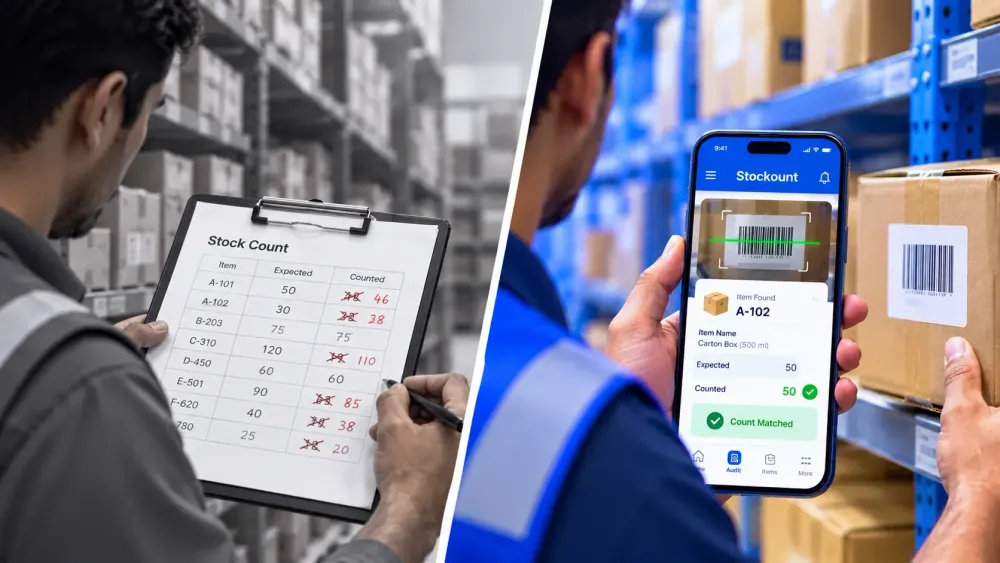 Manual inventory counting vs. barcode scanning in a warehouse