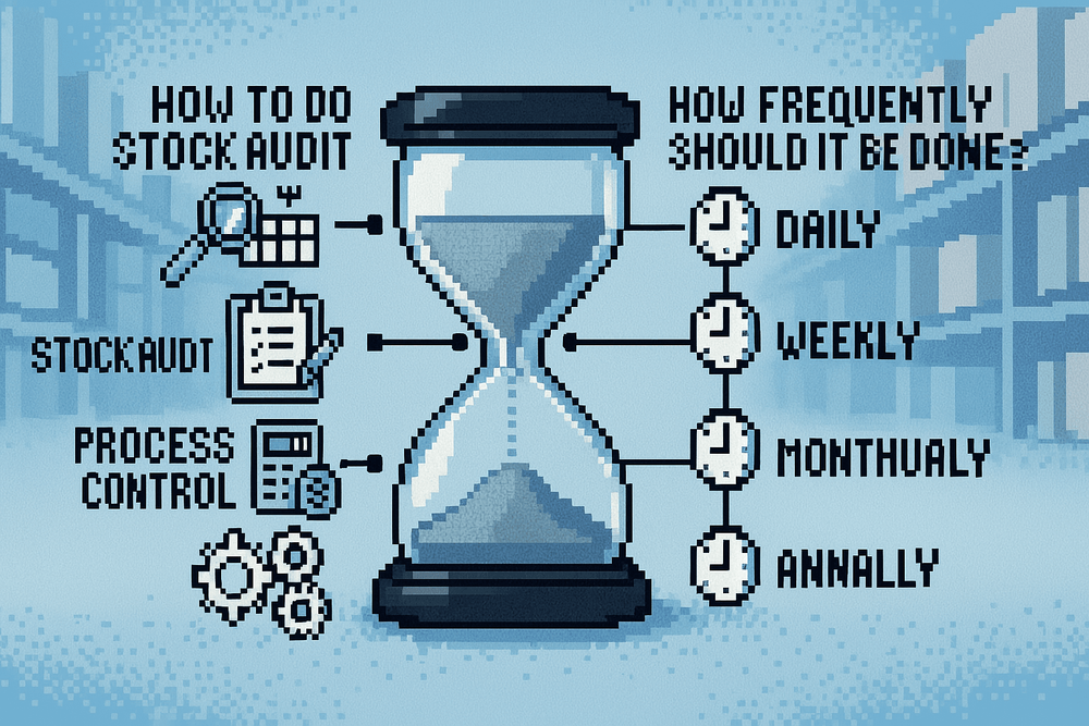 infographic showing stock audit software steps and frequency options in a warehouse setting, with hourglass and clock icons.