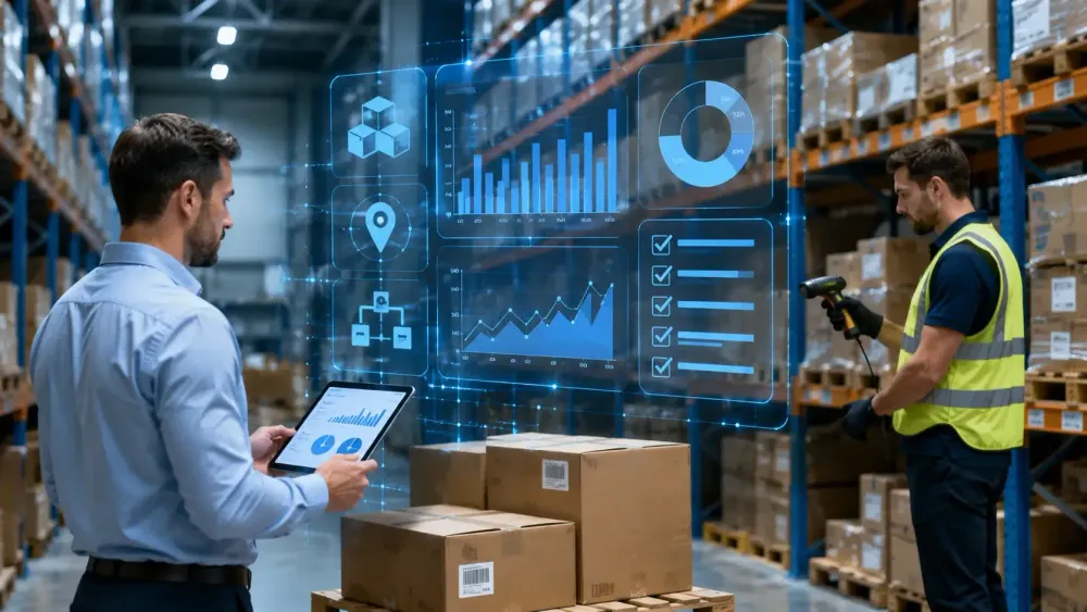 Inventory manager conducting a warehouse inventory audit using a tablet while a worker scans barcodes, with a digital dashboard displaying inventory accuracy metrics and stock verification data.