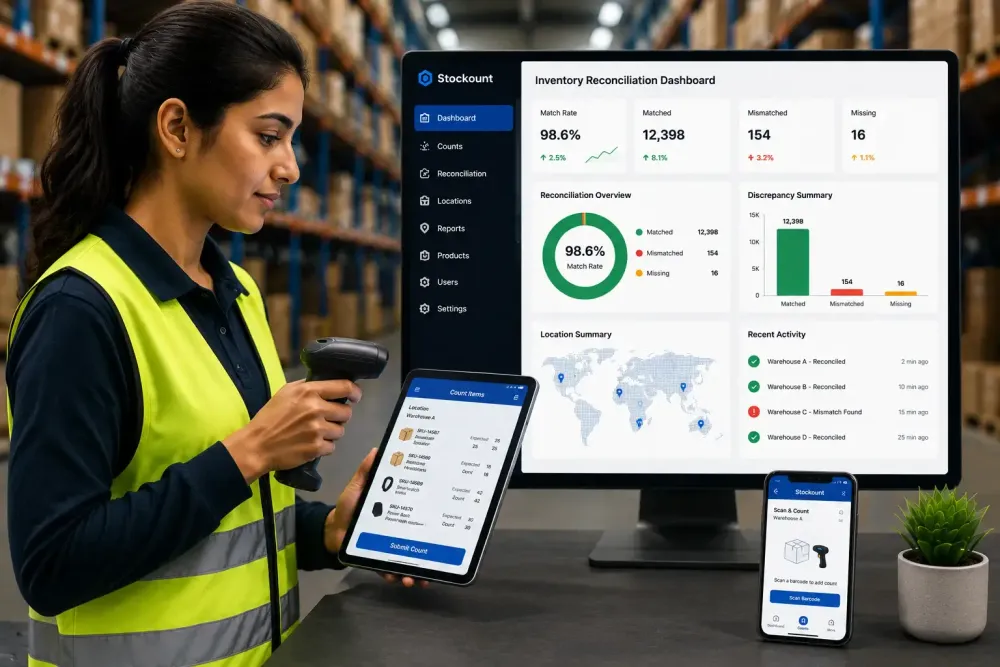 warehouse worker using inventory reconciliation software with barcode scanning.