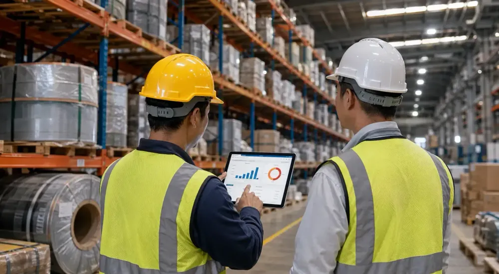 Manufacturing plant workers using a tablet-based inventory audit app to count raw materials on a warehouse shelf.