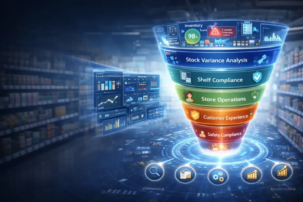 Futuristic retail audit checklist funnel visual showing inventory accuracy, stock variance analysis, shelf compliance, store operations, customer experience, safety compliance, and real-time reporting within a modern retail analytics environment.