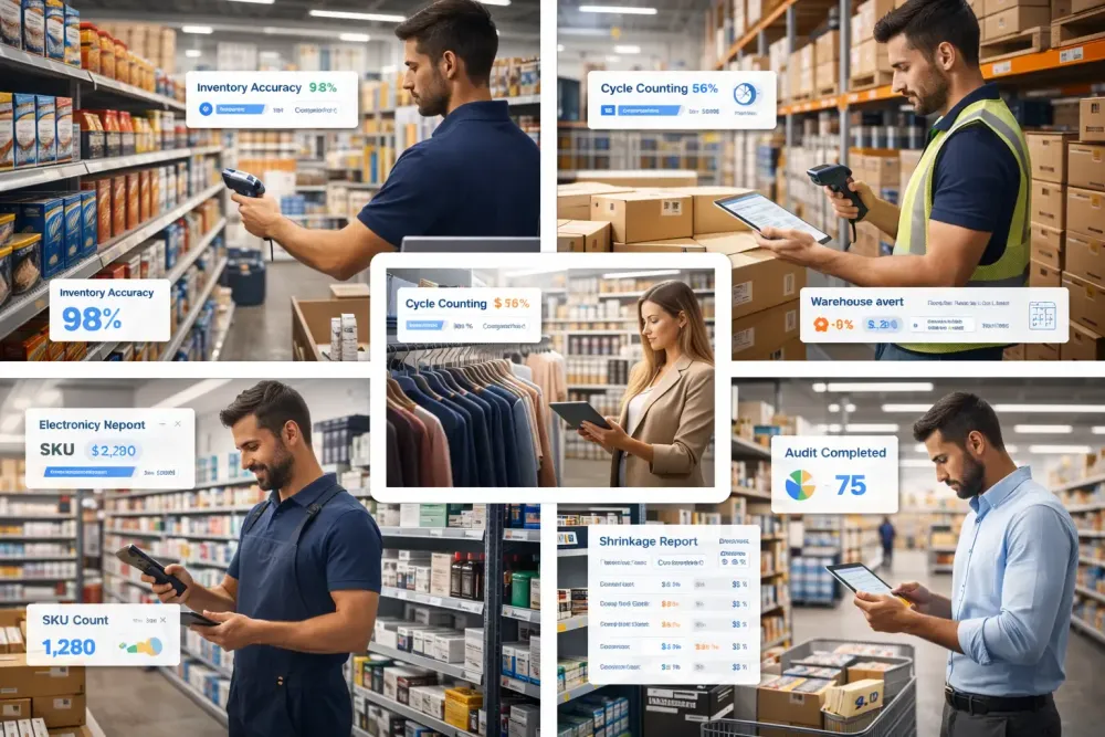 Retail inventory audit and cycle counting across grocery, fashion, warehouse, and hypermarket stores using barcode scanners and real-time inventory accuracy tracking.
