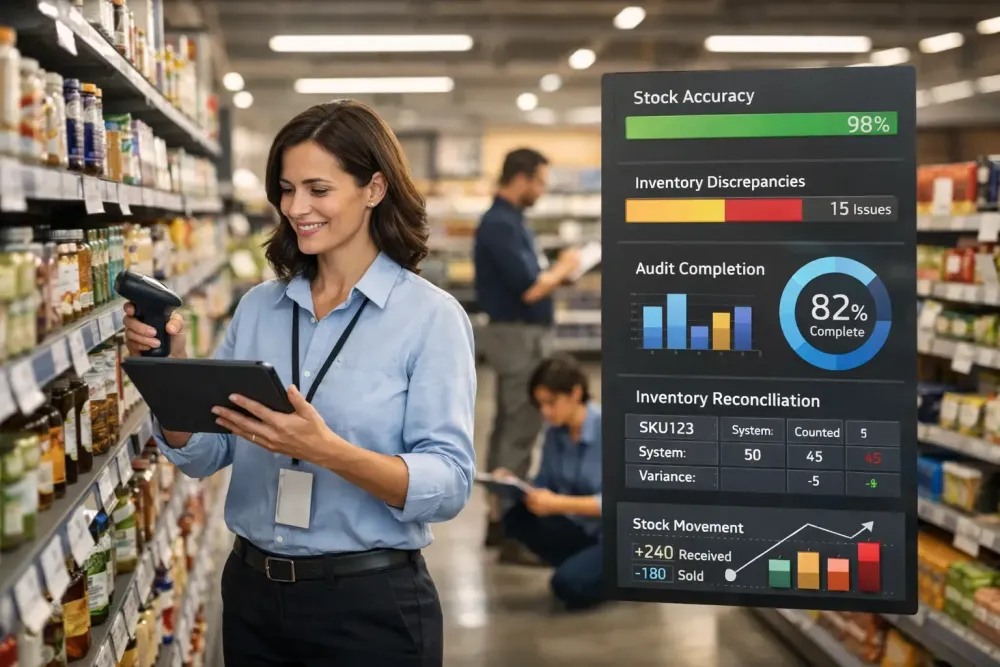 Retail manager performing a retail audit using a tablet and barcode scanner while reviewing inventory accuracy and stock reconciliation data in a retail store.