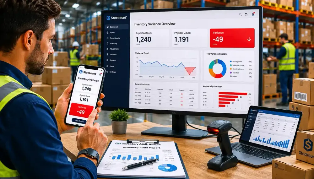 Warehouse manager investigating inventory variance between physical stock count and system inventory records