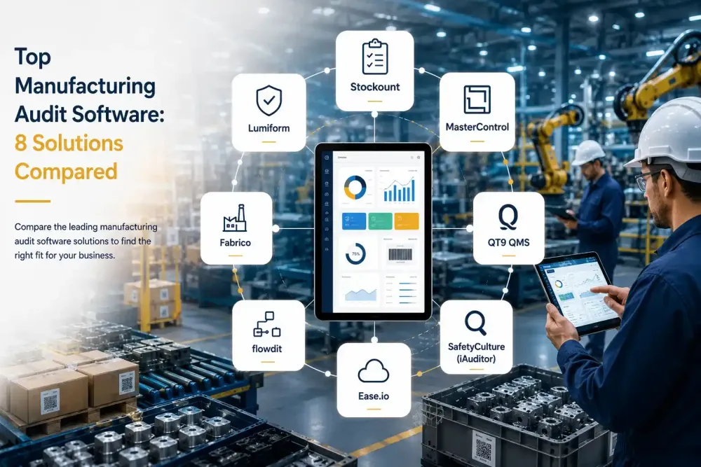 Top Manufacturing Audit Software comparison showing eight manufacturing audit solutions around a digital inventory audit dashboard inside a modern smart factory.