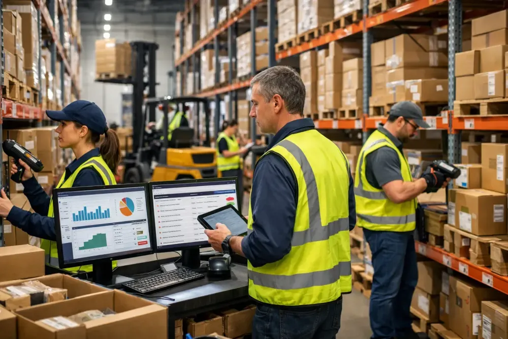 Warehouse staff conducting cycle counts in a modern distribution center using handheld barcode scanners, tablets, and real-time inventory management dashboards across organized storage racks and pallets.