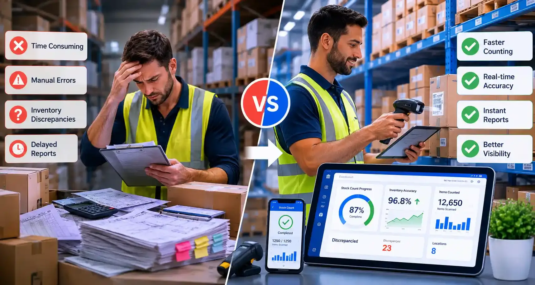 Manual stock taking compared with digital stock taking software.