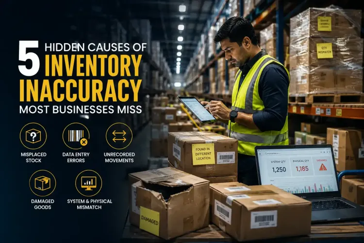 Warehouse worker reviewing inventory discrepancies on a tablet, highlighting five hidden causes of inventory inaccuracy