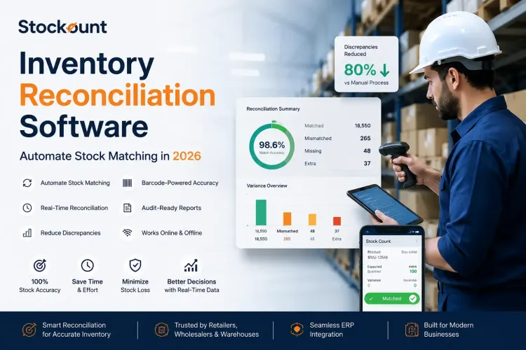 Inventory Reconciliation Software by Stockount automating stock matching with barcode scanning and real-time inventory reconciliation in a warehouse.