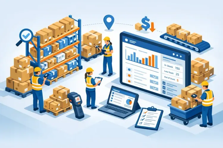 Warehouse team doing stock taking with barcode scanners and a live inventory dashboard