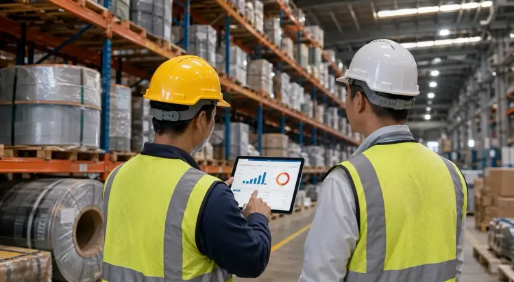 Manufacturing plant workers using a tablet-based inventory audit app to count raw materials on a warehouse shelf.