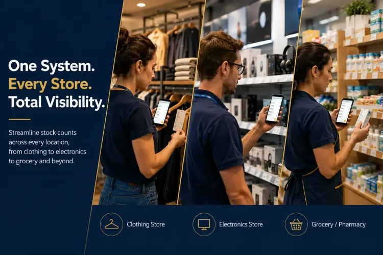 Retail employees in clothing, electronics, and grocery stores using a smartphone inventory app to scan barcodes and count stock across multiple retail locations.