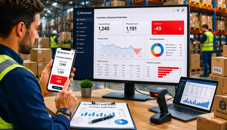 Warehouse manager investigating inventory variance between physical stock count and system inventory records