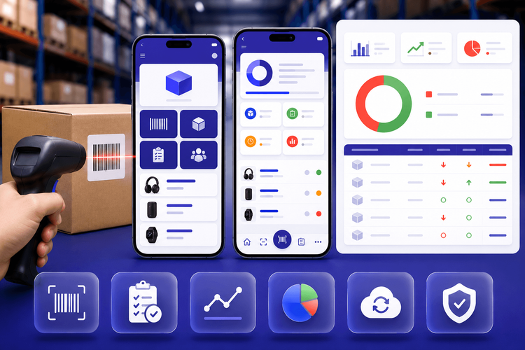 Stock taking app with barcode scanning, inventory audit dashboard, and real-time stock verification for warehouse inventory management.