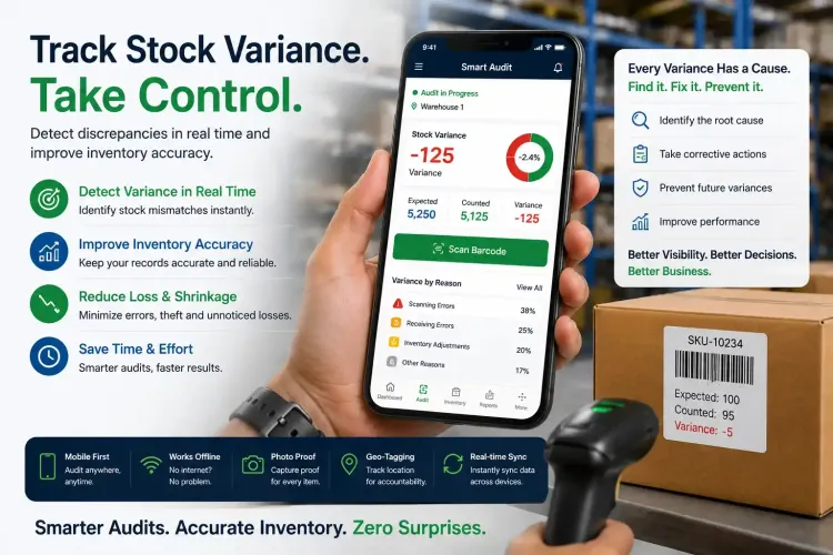Stock variance tracking using the Stockount Smart Audit mobile app with barcode scanning, real-time inventory variance detection, and warehouse inventory management dashboard.