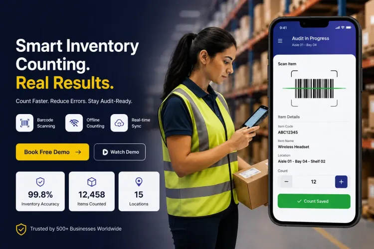 Warehouse employee using Stockount inventory counting software with barcode scanning for accurate warehouse stock audits.