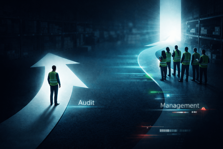 Warehouse workers choosing between Stockount and Finale Inventory software paths for inventory management.