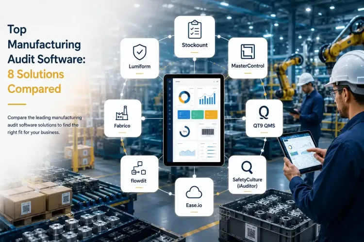 Top Manufacturing Audit Software comparison showing eight manufacturing audit solutions around a digital inventory audit dashboard inside a modern smart factory.