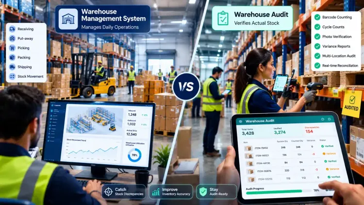 Warehouse Management System vs Warehouse Audit Software comparison showing warehouse operations, barcode inventory counting, and stock audit workflow.