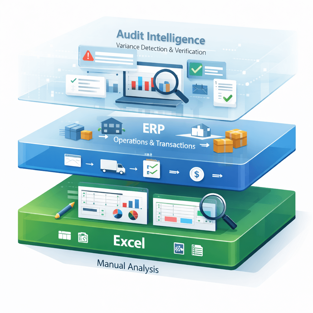 Layered stock control architecture showing Excel for manual analysis, ERP for operations, and Stockount audit intelligence detecting inventory variances